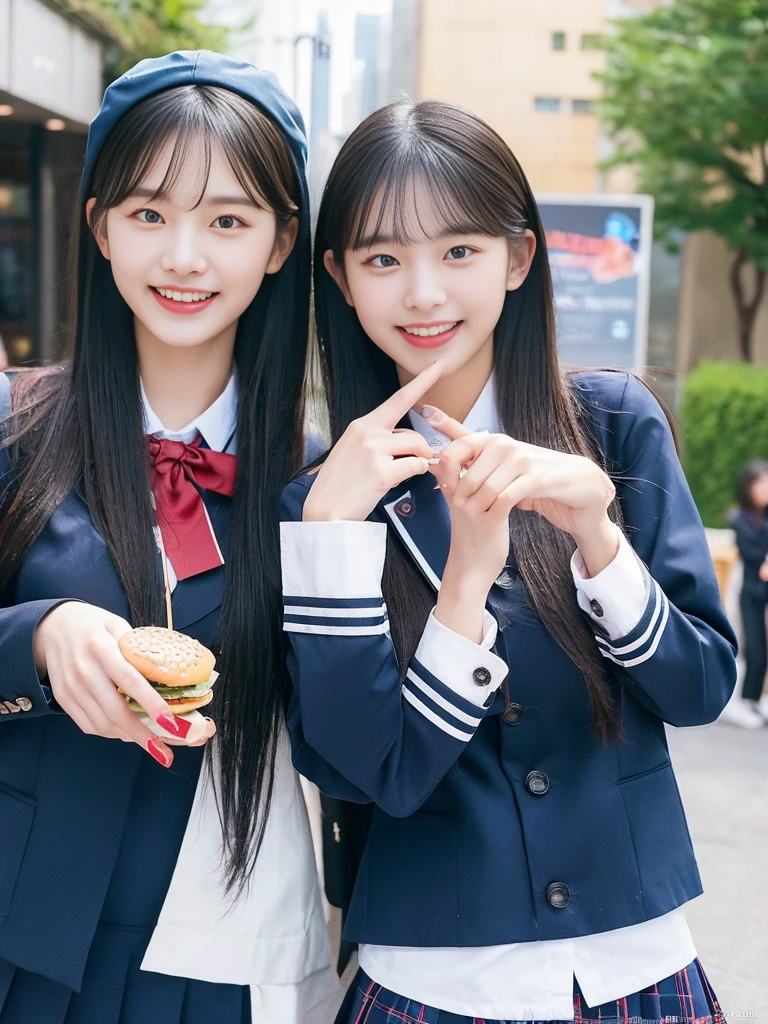 (A commemorative photo of a super cute Korean female college student duo eating hamburgers together in their school uniforms:1.2)(grin,smile:1.1)(Beautiful Sweat:1.1)(16K, RAW Photos, Highest quality, masterpiece: 1.2),(Glossy black hair with cute twin tails) Super detailed, Super Resolution, (Genuine, Genuine photos: 1.37), Portraiture, High-resolution RAW color photos, Professional photos, Very detailed, 8k wallpaper, Very detailed CG Unity 8k wallpaper, Very detailed beautiful girls, Very detailed faces, ((whole body)), beautiful woman, Huge breasts,(huge boobs:1.1) (Big Boobs:1.1), beautiful (Wearing a tight and cute designated by the company),high school girl, Korean Girls,(K-POP Female Idols), (Idol-class beauty)(Beautiful high school girl:1.1)(Outdoor Restaurant)()(School uniform style outfit:1.1)wearing ushanka