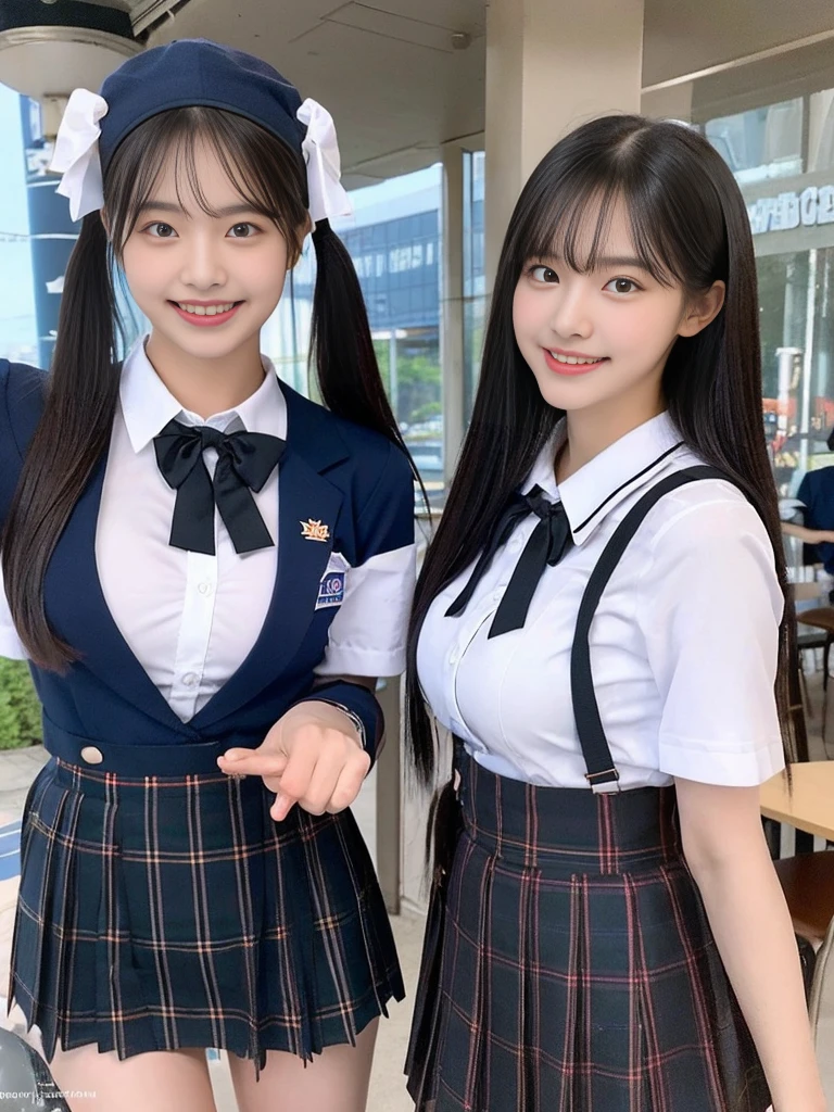 (A commemorative photo of a super cute Korean female college student duo eating hamburgers together in their school uniforms:1.2)(grin,smile:1.1)(Beautiful Sweat:1.1)(16K, RAW Photos, Highest quality, masterpiece: 1.2),(Glossy black hair with cute twin tails) Super detailed, Super Resolution, (Genuine, Genuine photos: 1.37), Portraiture, High-resolution RAW color photos, Professional photos, Very detailed, 8k wallpaper, Very detailed CG Unity 8k wallpaper, Very detailed beautiful girls, Very detailed faces, ((whole body)), beautiful woman, Huge breasts,(huge boobs:1.1) (Big Boobs:1.1), beautiful  (Wearing a tight and cute  designated by the company),high school girl, Korean Girls,(K-POP Female Idols), (Idol-class beauty)(Beautiful high school girl:1.1)(Outdoor Restaurant)()(School uniform style outfit:1.1)wearing ushanka