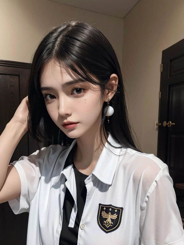absurdres, RAW photo, extremely delicate and beautiful, masterpiece, Best Quality, ultra high resolution, 32k, hyperrealistic, ultra-detailed, perfect figure, Perfect Style, Perfect balance, in her 20s, very small head, very small face, delicate facial features, tearful mole, earring, very huge breasts, ((full body shot)), ((bare legs)), medium hair, black hair, ((golf uniform)),