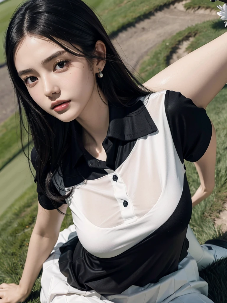 absurdres, RAW photo, extremely delicate and beautiful, masterpiece, Best Quality, ultra high resolution, 32k, hyperrealistic, ultra-detailed, perfect figure, Perfect Style, Perfect balance, in her 20s, very small head, very small face, delicate facial features, tearful mole, earring, very huge breasts, ((full body shot)), ((bare legs)), medium hair, black hair, ((golf uniform)),