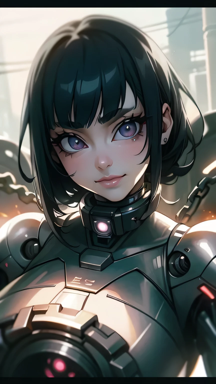 black hair, longeyelashes, solid circle eyes, light smile, ccurate, straitjacket, chains, collar, beautiful face, ultra high resnatural light, shiny skin, detailed skin, detailed face, beautiful lady, 1 sexy cyborg girl embedded in machinery, Surrealism, drop shadow, pov, atmospheric perspective, 8k, super detail, best quality, best quality