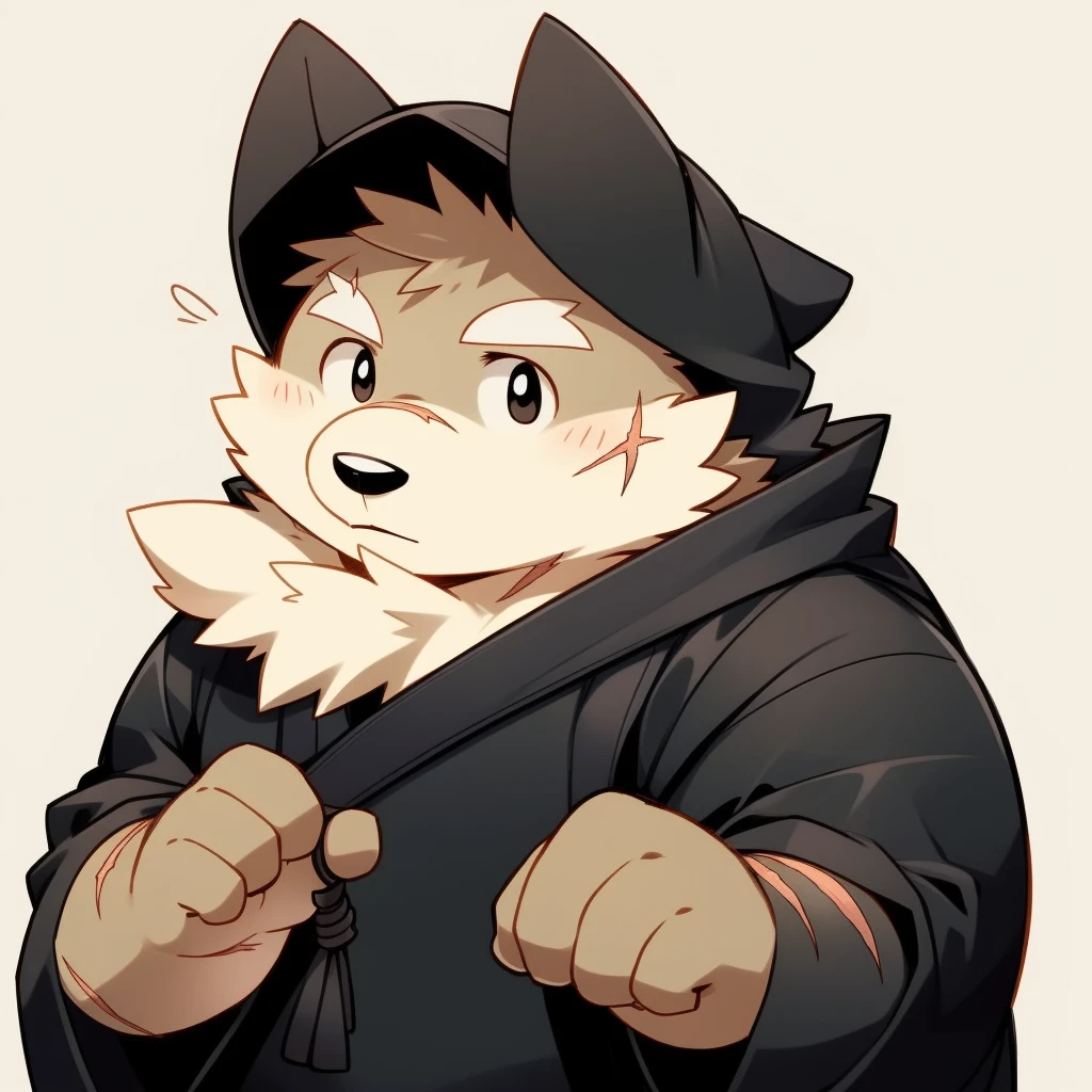 Scribble 黑色柴dog face,Cute face,Humanity(dog),(Black robe:1.3),Chubby,(White eyebrows:1.1),(Perfect black eyes),(artist:Takemoto Arashi),Simple background,scar。