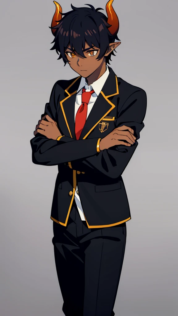 (1boy,18 years old,teen,solo),((dark skin)),short hair,hair between eyes,black hair,elf ears,(horns),orange eyes,(no background, simple background),red necktie,black jacket, blazer,long sleeves,pants,upper body,walking,crossed arms