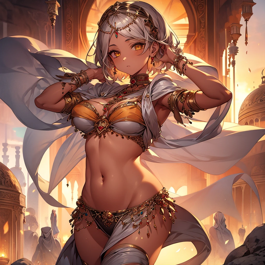 masterpiece, Highest quality, Perfect Face, Highest Resolution, Highest quality,Detailed depiction of the eyes, 1 girl, young, deep tan skin, slate gray hair, short hair, upturned eyes, Yellow Orange eyes, curvy body, Perfect Anatomy, Arabian, ribbon choker, Belly dance,arabian town, Perfect Anatomy