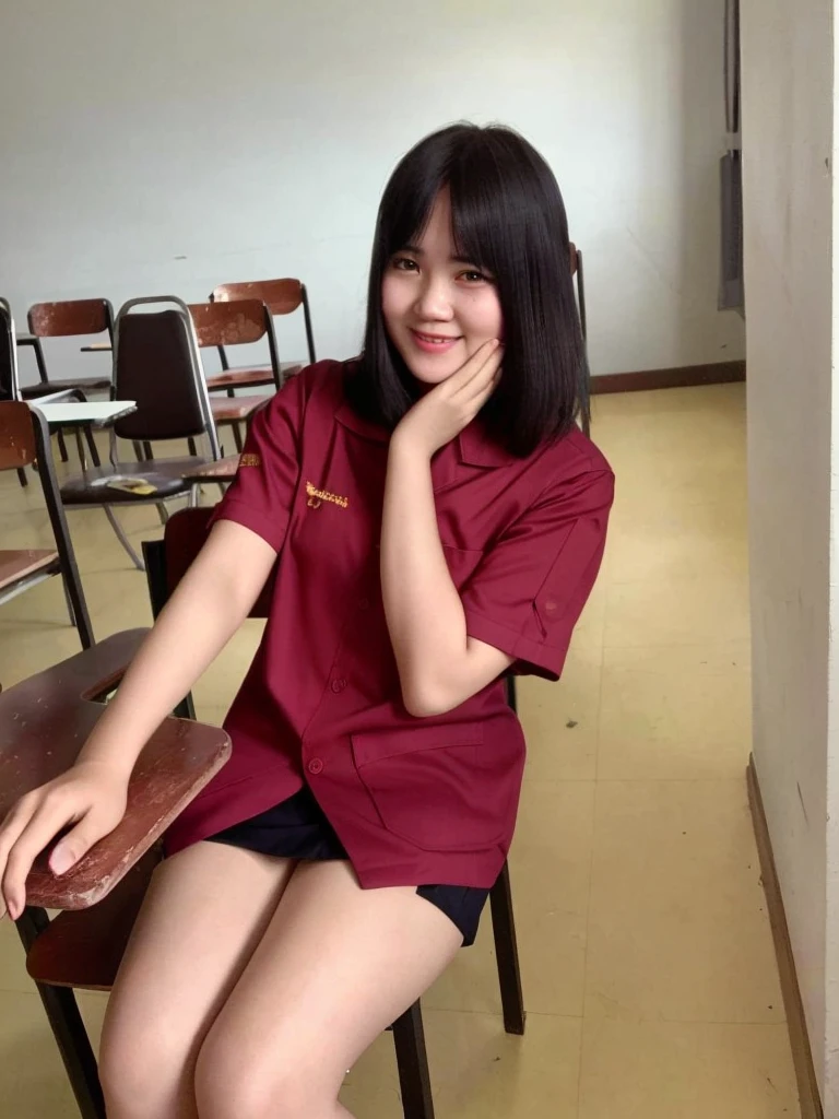 there is a woman sitting on a chair in a classroom, a picture by Sengai, instagram, realism, jk uniform, girl wearing uniform, student, anime thai girl, profile pic, sakimi chan, dang my linh, korean girl, wearing japanese , kanliu666, wearing headmistress uniform, red uniform, seifuku, xintong chen