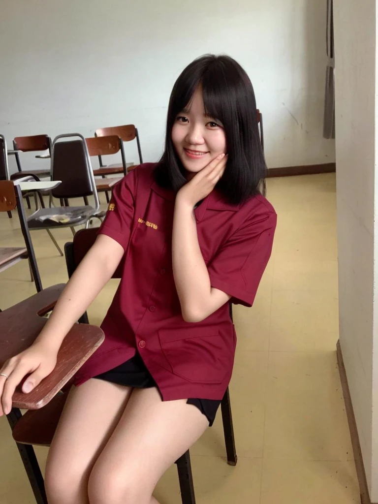 there is a woman sitting on a chair in a classroom, a picture by Sengai, instagram, realism, jk uniform, girl wearing uniform, student, anime thai girl, profile pic, sakimi chan, dang my linh, korean girl, wearing japanese , kanliu666, wearing headmistress uniform, red uniform, seifuku, xintong chen