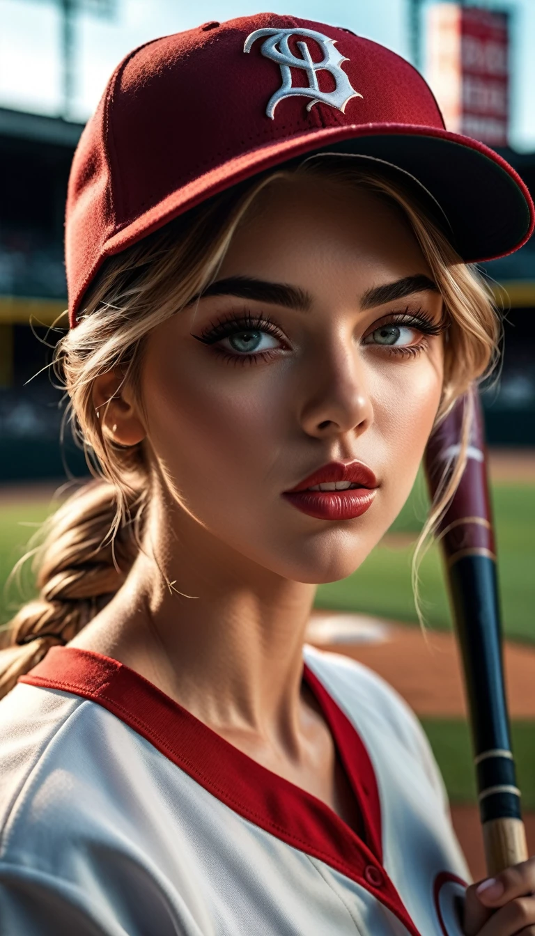 a sexy woman baseball player, beautiful detailed eyes, beautiful detailed lips, extremely detailed eyes and face, long eyelashes, athletic body, wearing a baseball uniform, baseball cap, bat, playing baseball on a baseball field, cinematic lighting, dramatic angle, highly detailed, 8k, photorealistic, masterpiece