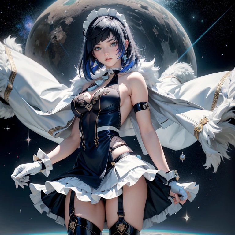 Short hair, navy hair, white roses, ornament hair, roses on her hair, maid, maid dress, maid headdress, maid apron, 1girl, white maid dress, jewelry, flowing hair, space scene, space scenery, maid dress with a short skirt and layers, navy laces, frills, black boots, black dress with transparency, gold details on her clothes, more details, perfectly body, perfectly hands, two hands, two legs, two arms, five fingers, glowing hair, best quality, cat ears, animal ears, alone, maid headdress, choker, detached sleeves, maid dress, maid black dress, masterpiece, best quality, detailed face, night, asymmetrical gloves, bangs, black short skirt , earrings, elbow gloves, fishnet thigh highs, fish masterpiece, solo, best quality, detailed face, gloves, hair between eyes, jewelry, looking at viewer, single earring, sky, solo, thigh boots, thigh highs, uneven gloves, solo, alone, Looking at the viewer, More details on the clothes, white roses on her hair, space scenery, maid, maid dress, gold details, maid headdress, maid apron, seat on the Saturn rings, more details on her clothes, gold details on her clothes, space, smiling, standing her hand to a viewer, looking at the viewer, in the background a several asteroids glowing with fiery auras, Dramatic lighting from distant stars and planets illuminates the scene, looking at the vast and mysterious universe, cowboy shot, upper body portrait, more details, sparkle,