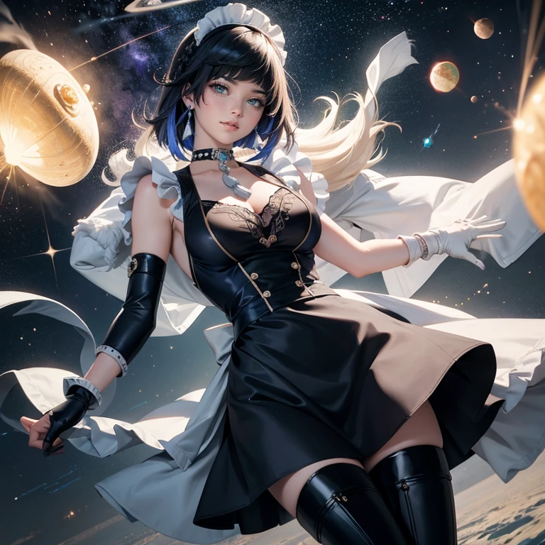 Short hair, navy hair, white roses, ornament hair, roses on her hair, maid, maid dress, maid headdress, maid apron, 1girl, white maid dress, jewelry, flowing hair, space scene, space scenery, maid dress with a short skirt and layers, navy laces, frills, black boots, black dress with transparency, gold details on her clothes, more details, perfectly body, perfectly hands, two hands, two legs, two arms, five fingers, glowing hair, best quality, cat ears, animal ears, alone, maid headdress, choker, detached sleeves, maid dress, maid black dress, masterpiece, best quality, detailed face, night, asymmetrical gloves, bangs, black short skirt , earrings, elbow gloves, fishnet thigh highs, fish masterpiece, solo, best quality, detailed face, gloves, hair between eyes, jewelry, looking at viewer, single earring, sky, solo, thigh boots, thigh highs, uneven gloves, solo, alone, Looking at the viewer, More details on the clothes, white roses on her hair, space scenery, maid, maid dress, gold details, maid headdress, maid apron, seat on the Saturn rings, more details on her clothes, gold details on her clothes, space, smiling, standing her hand to a viewer, looking at the viewer, in the background a several asteroids glowing with fiery auras, Dramatic lighting from distant stars and planets illuminates the scene, looking at the vast and mysterious universe, cowboy shot, upper body portrait, more details, sparkle,