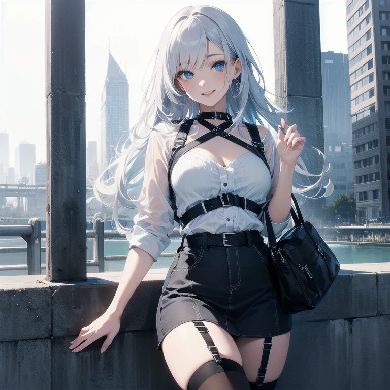 (Masterpiece, Best quality, ultra high resolution), (((1 girl))), Silver hair, Pale skin, Beautiful detailed face, Detailed eyes, posing on a white background, Dynamic lighting, dynamic shadowing, looking at viewer, White street punk fashion with blue details, (Posing for a photo), ((White clothes)), (((black thigh highs))), jean shorts, skirt, white sweater, ((Blue eyes)), happy, smiling, black straps, black strap design, ((Long white hair)), energetic, cheerful, cityscape background, (garter), blue tertiary color, blue highlights, purse, hand bag, ((chest harness fashion))