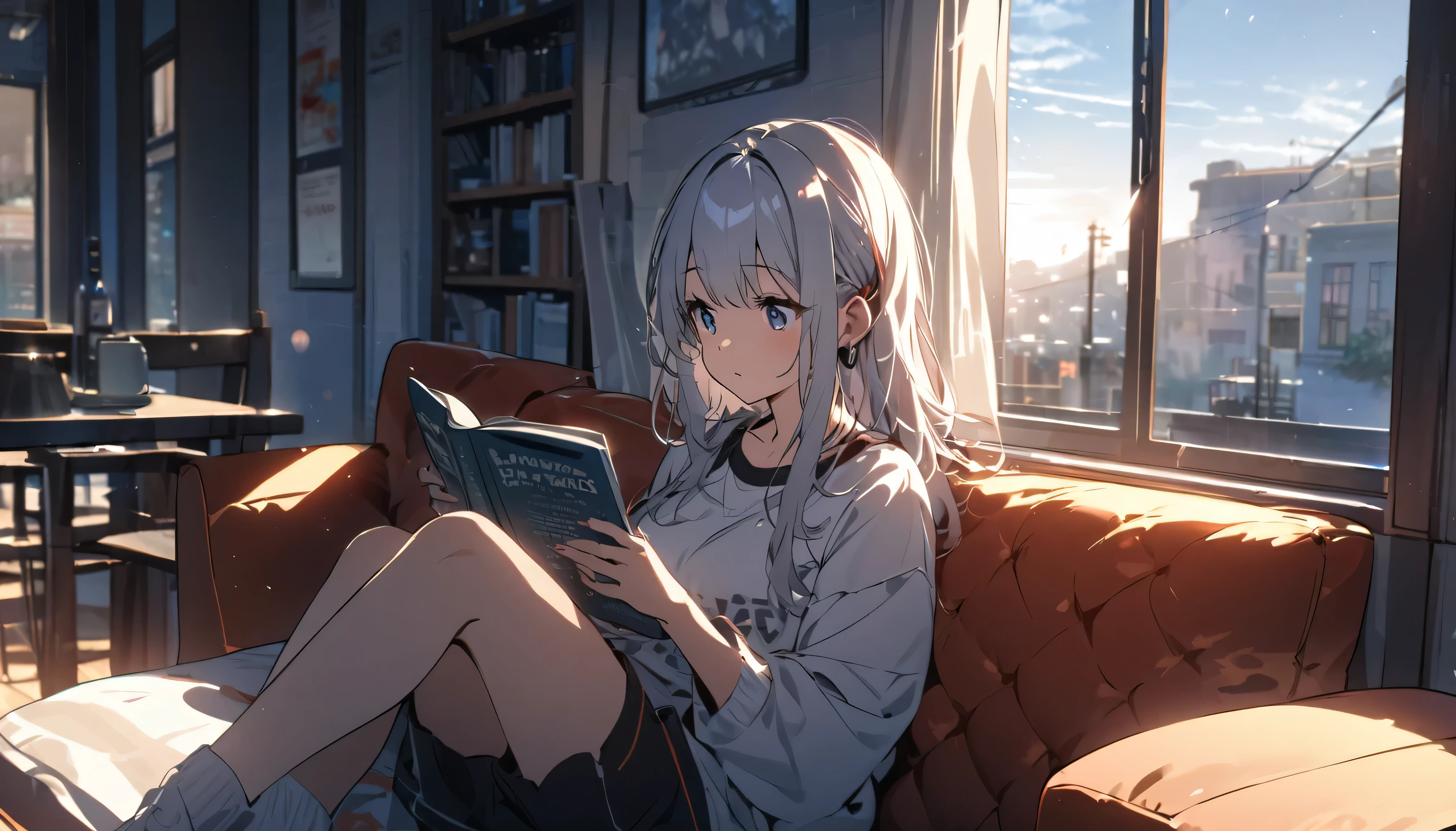 Girl sitting on sofa reading a book,In front of a large window,Morning sunlight,Streetscape、listen to music、
