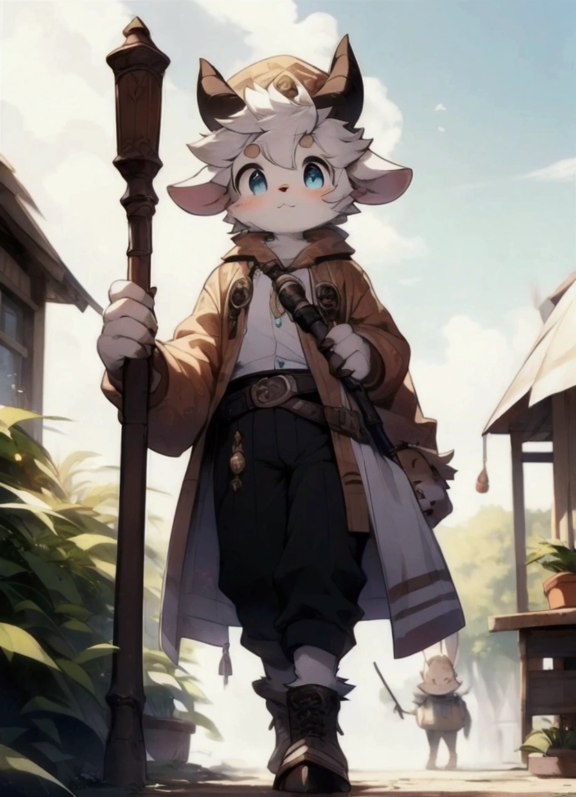 Charming scenes from ((solo)), (Anthro furry) (bunny_boy:1.5),(brown_fur:1.5), Anthro the furry bunny boy has a short and tousled hairstyle with light brown hair that matches his fur color . His fur is soft, shaggy, and creamy white with light brown spots on his arms and legs. His ears are small and round, with tufts of light brown hair on the tips. The big clear eyes are light blue, shining with obvious light, giving people a kind of innocent charm. There are soft white hairs on the backs of his hands, light brown pads on the palms, and short, blunt claws ideal for grabbing a cane. He stands on a lush green hill with a clear blue sky in the background and small wildflowers scattered around him. His shepherd's outfit consists of a light brown coat, brown trousers, and brown boots. Around his waist is a brown belt that holds his cane, and a small pouch for personal belongings. He stood on the hillside, looking into the distance, thoughtful, with a gentle smile on his face. Warm, subdued lighting makes him look gentle and serene, while a steady stream of AI captures every detail, from the softness of his fur to the intricate details of his clothing. (fluffy_goat_hooves), (goat_horn), fluffy_litte_goat_tail, standing on a hill overlooking the valley, detailed_fluffy_fur, tuft, (body_fur), oil_skin, (skin_with_fluffy_fur), (animal_nose), animal_ear_fluff, fluffy_paws, pawpads, ani mal_hand, f lowers, ((cute , innocent , detailed face, big round eyes)), warm and soft light, 8k, SFW, spring, serenity, rent, wearing shepherd's clothes, straw hat and walking stick, standing cross-legged, looking into the distance holding a walking stick in one hand and a walking stick in the other Holding hat, thoughtful.