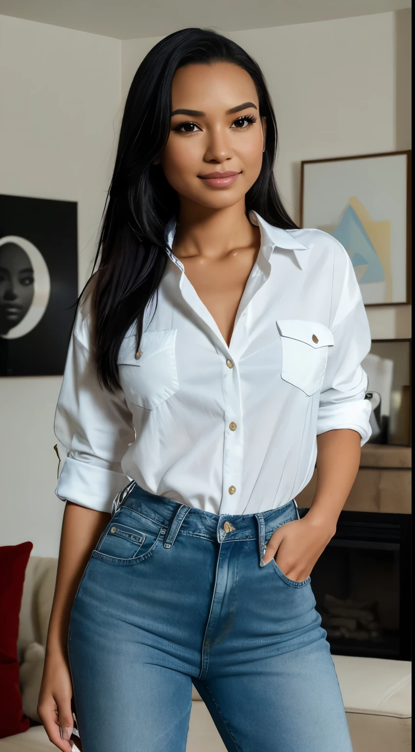 Foto hiperrealista en primer plano de Naya Rivera, masterpiece, best quality, (photorealistic:1.4), full body, (white unbuttoned oversize shirt:1.1), (blue jeans:1.2), heels, living room, cinematic light, beautiful woman, skinny, medium breasts, straight black hair, detailed face, smile, facing the camera, photo taken from a distance, age of 20 years old,