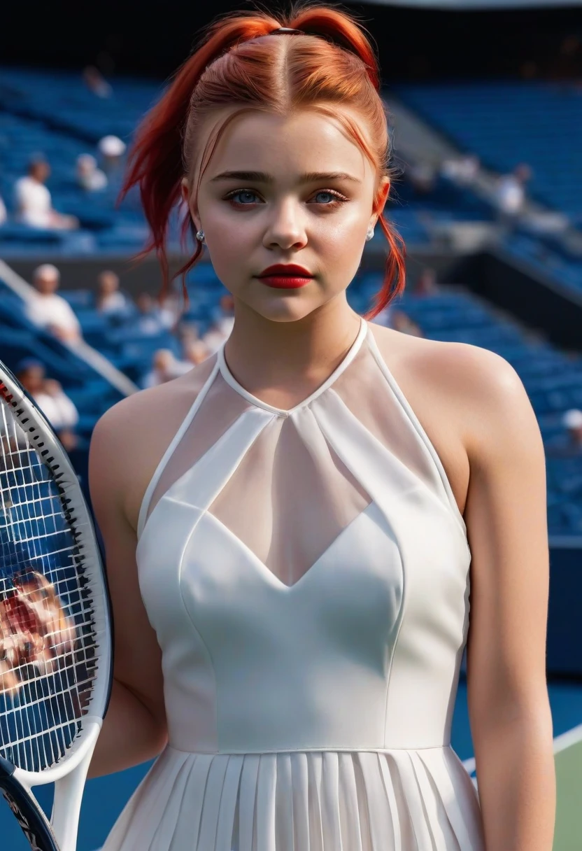 1girl, Chloe Moretz, full body pose, beautiful detailed eyes, beautiful detailed lips, extremely detailed eyes and face, long eyelashes, white pleated silk tennis minidress by Adidas, sheer shiny shimmering silky tan pantyhose by L'eggs, 5 inch black high heeled stilettos by Louis Vuitton, holding tennis racket, posing on tennis court at Arthur Ashe Stadium, New York City in background, red lipstick, dangling earrings, fiery red hair in ponytail, stylish visor, (best quality,4k,8k,highres,masterpiece:1.2),ultra-detailed,(realistic,photorealistic,photo-realistic:1.37),hyper detailed,photorealistic,stunning,professional,masterpiece,vibrant colors,natural lighting