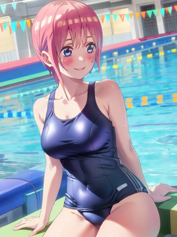 best quality, insanely detailed, ichika nakano, one-piece swimsuit, breasts, blush, swimming pool background, look into the distance, smile