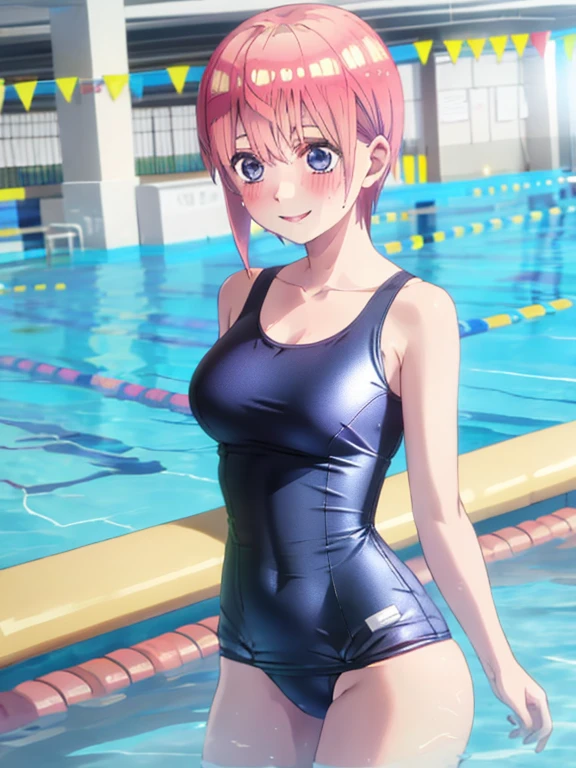 best quality, insanely detailed, ichika nakano, one-piece swimsuit, breasts, blush, swimming pool background, look into the distance, smile