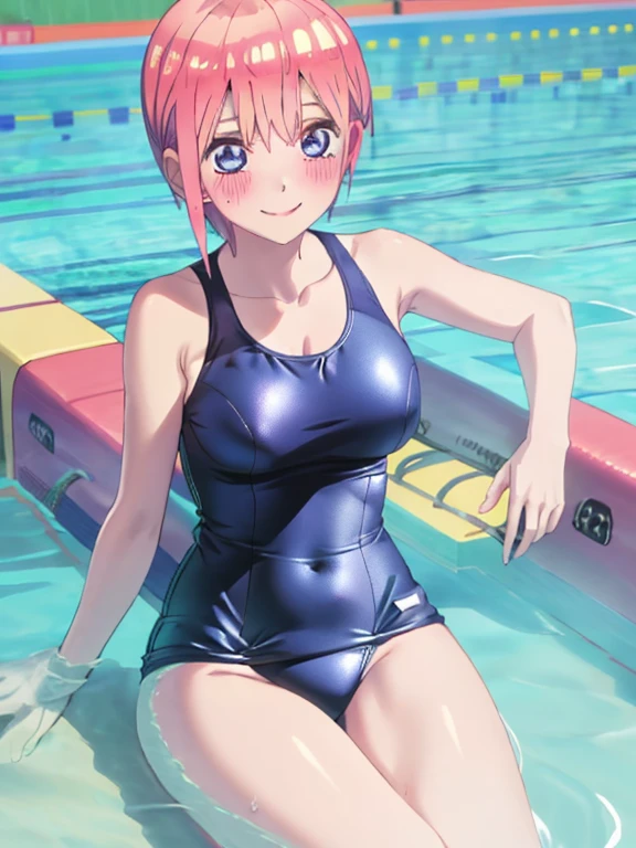 best quality, insanely detailed, ichika nakano, one-piece swimsuit, breasts, blush, swimming pool background, look into the distance, smile