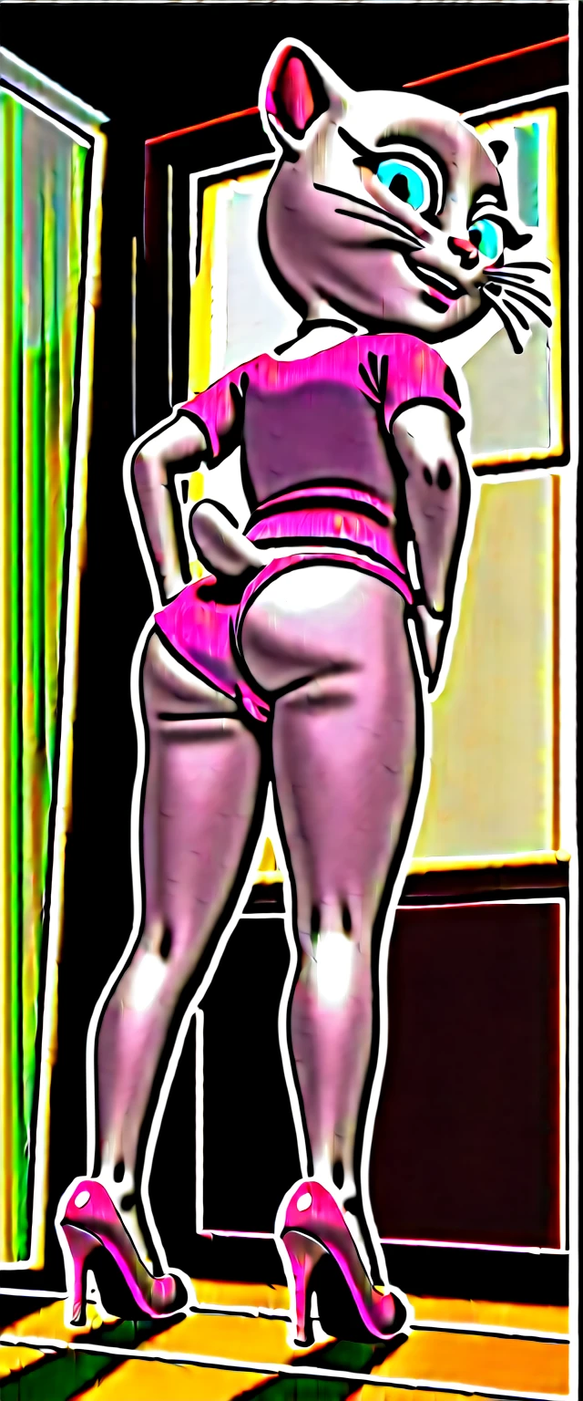 solo focus, a_la, 1girl, cat, white fur, long whiskers on both sides of the face, big bright blue eyes, big black eyelashes, pink nose, triangular ears with pink channels, high heels, pink panties pulled down. The woman's legs are together, her hands are on her ass, and 1 male person. looking at the viewer. bottom view of her ass with focus on atl.
Woman leans against the wall and man has sex behind her
anal scream, suffering. . don't lie, at home, don't look back, penis, 1 male rape, girl. Score_9, Score_8_up, Score_7_