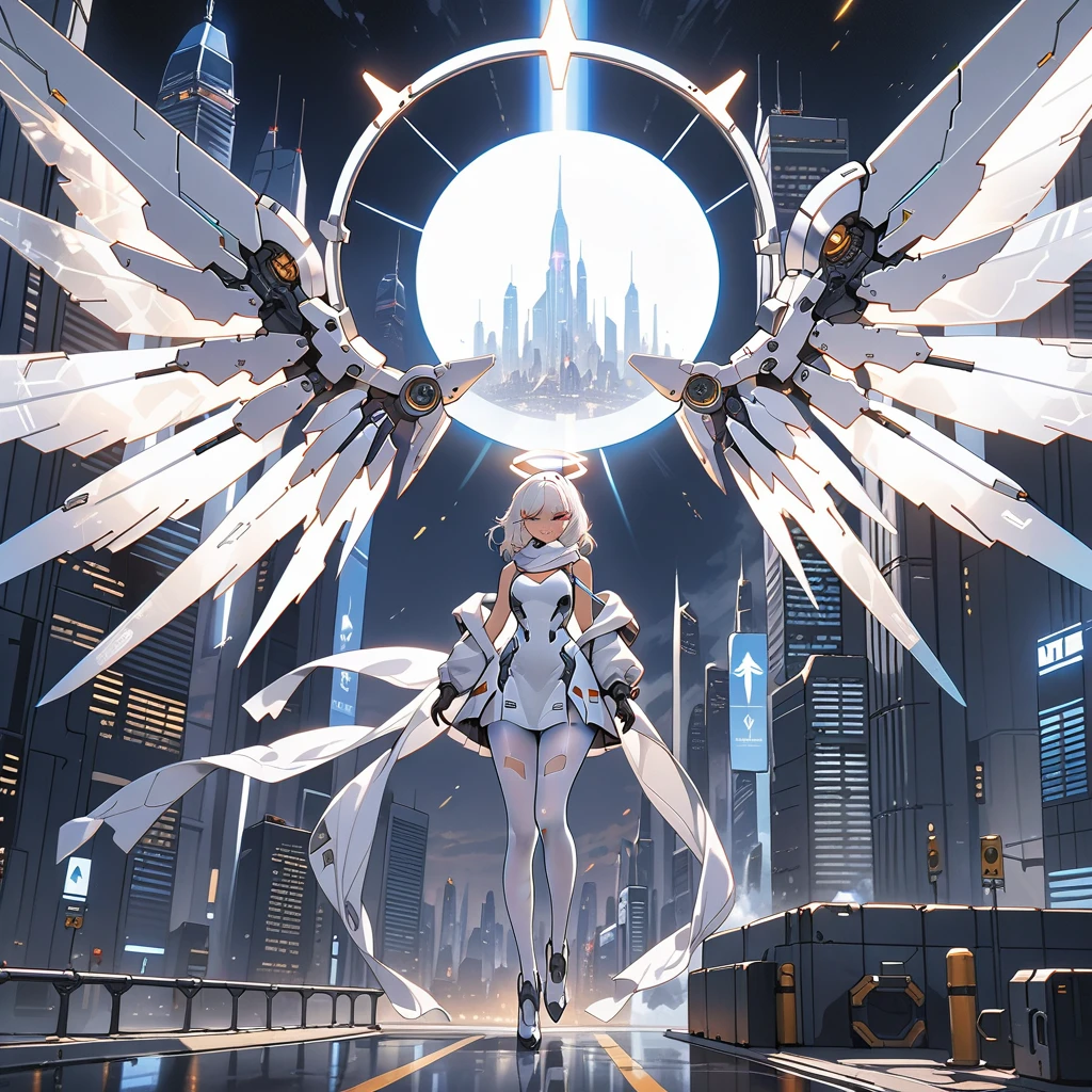 masterpiece, highest quality, highest resolution, clear_image, detailed details, white hair, 1 girl, futuristic wings, futuristic halo, white sci fi mecha dress, white scarf with blow glow, white pantyhose, full body, no water marks, city, no extra limps, no extra body