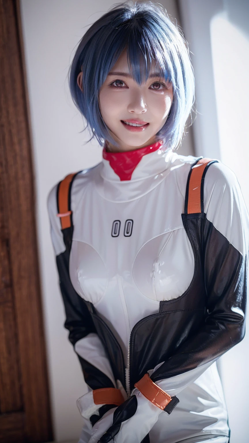 (One Girl:1.3), Japanese high school students, Great face and eyes, Looking into the camera, A joyful smile、Showing teeth、 (Highest quality:1.4), Very detailed CG 統合 8k 壁紙, Very detailed, 高解像度のRAWカラーphotograph, プロのphotograph撮影, Realistic full body shot, Studio shot、Portrait of sexy girl, Open exterior, Ultra-high resolution,Highest quality,photograph,4K,(Realistic:1.2),One Girl,:d,ayanami_Cosplay_Costumes,Plug Suit,Blue Hair,Ayanami Rei,Pilot Suit,Cosplay,Interface Headset,Hair Pod,gloves,Braces,Perfect fit for your skin,((((((short hair))))))、slim