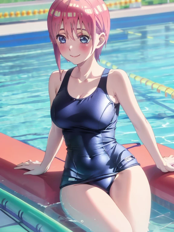 best quality, insanely detailed, ichika nakano, one-piece swimsuit, breasts, blush, swimming pool background, look into the distance, smile