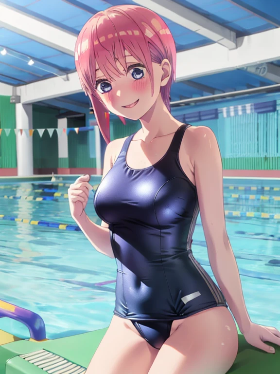 best quality, insanely detailed, ichika nakano, one-piece swimsuit, breasts, blush, swimming pool background, look into the distance, smile