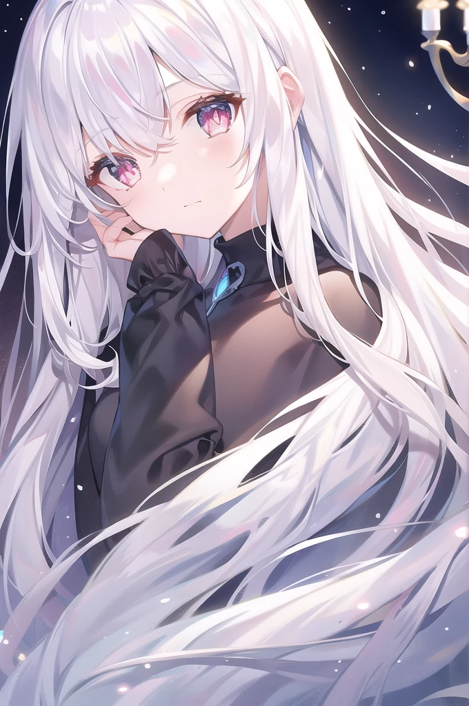 ((masterpiece, best quality))++, Detailed lighting+,  Detailed hair+, Detail hand+ ,1 girl, Miss, Long hair,   Crimson eyes,  beautiful eyes, young white hair,,(Beautiful white hair:1.5),(Beautiful and delicate eyes),  high resolution+,glass tint, Reflective eyes,   {{angle}} , Very detailed wallpaper, The original, Air bangs，Extremely beautiful CG，black worksuit，Firefly，Galaxy，Shattered like a mirror