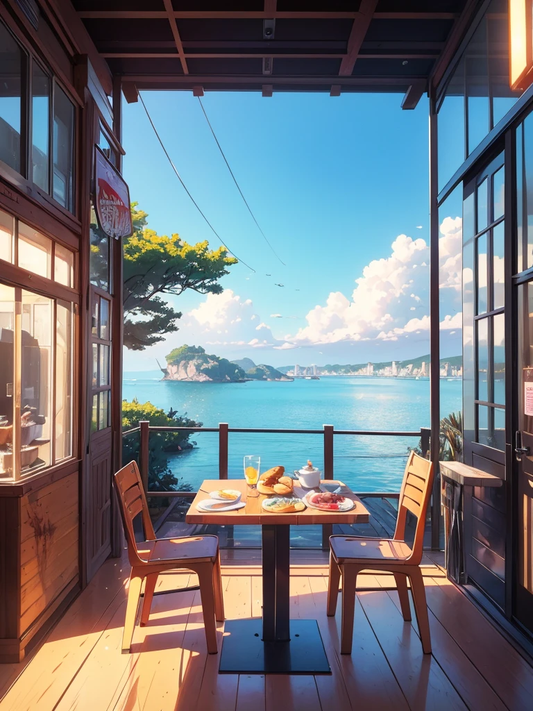 Realistic, real life, beautiful breakfast table by the water with background by greg rutkowski, style of laurie greasley, studio ghibli, geovane tarantino, james gilleard, genshin impact, pixiv trend fanbox, acrylic palette knife, 4k, (vibrant colors), (bright color contrast), (highly saturated), devinart, trend in artstation  