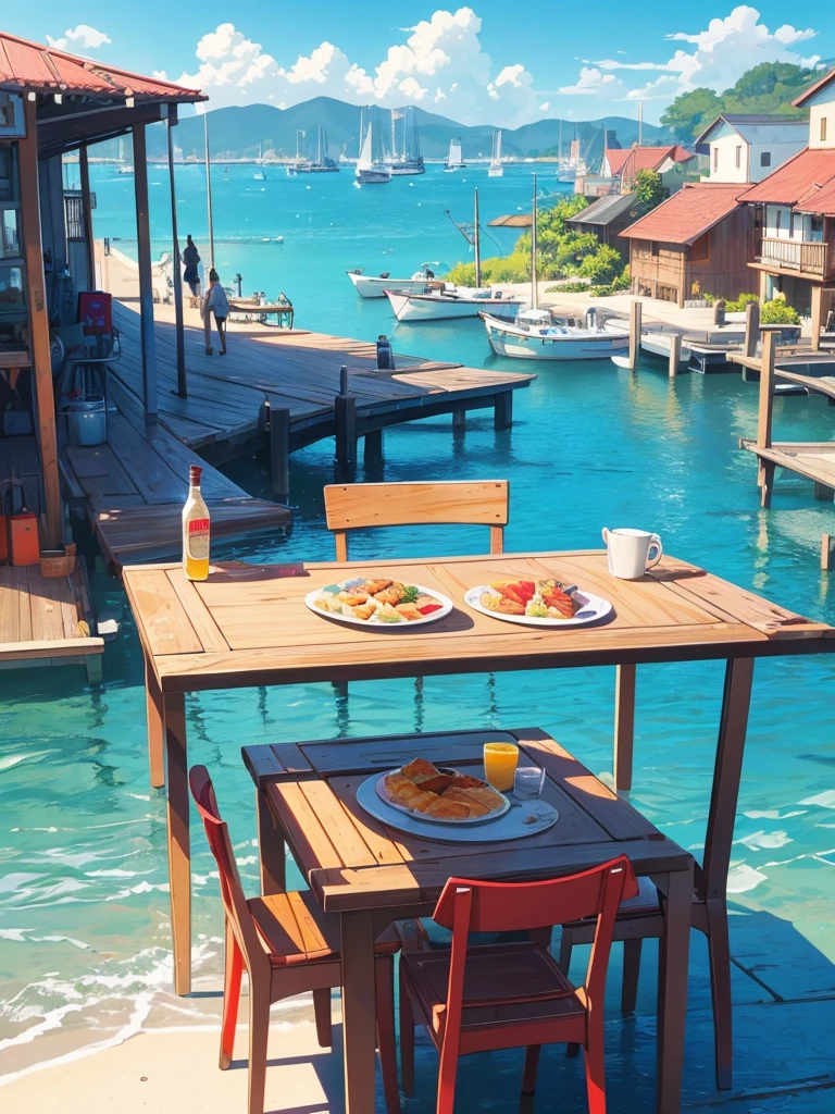 Realistic, real life, beautiful breakfast table by the water with background by greg rutkowski, style of laurie greasley, studio ghibli, geovane tarantino, james gilleard, genshin impact, pixiv trend fanbox, acrylic palette knife, 4k, (vibrant colors), (bright color contrast), (highly saturated), devinart, trend in artstation