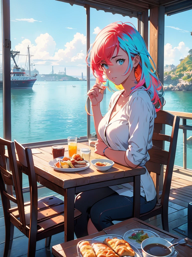 Realistic, real life, beautiful breakfast table by the water with background by greg rutkowski, style of laurie greasley, studio ghibli, geovane tarantino, james gilleard, genshin impact, pixiv trend fanbox, acrylic palette knife, 4k, (vibrant colors), (bright color contrast), (highly saturated), devinart, trend in artstation  