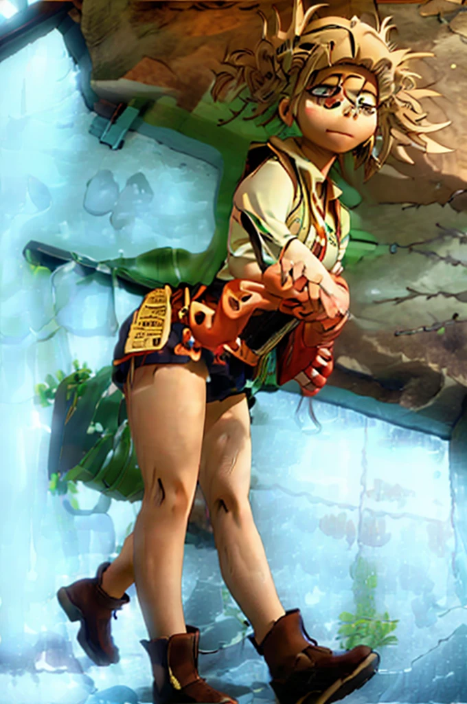 A girl with curly hair, slanted honey-colored eyes, wearing a black tight-fitting bodysuit with green details and has short shorts and is wearing long boots that connect to the short shorts, and is wearing a thin chain belt on her hips.