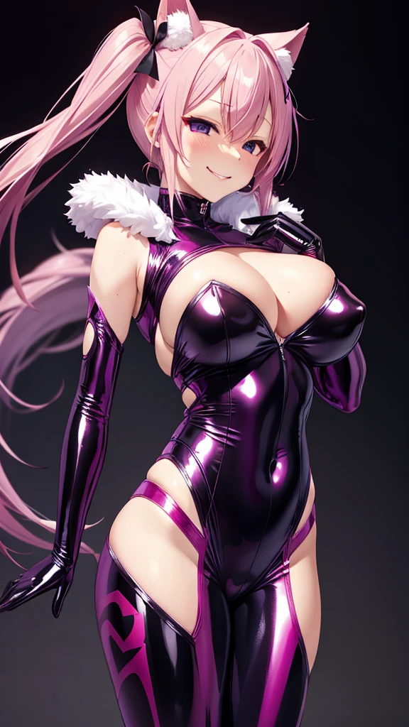 Erotic、tall四方堂ナリカ、Pink Hair、Twin tails、No sleeve、Shoulder、Super Subaru Flash Ninja Haruka、Purple latex rubber suit leggings Pink line、Evil female executive、sexy、Evil smirk face、tall、adult、lure、Alluring、Pitch black background、Dark bedroom at night、White long fur coat jacket