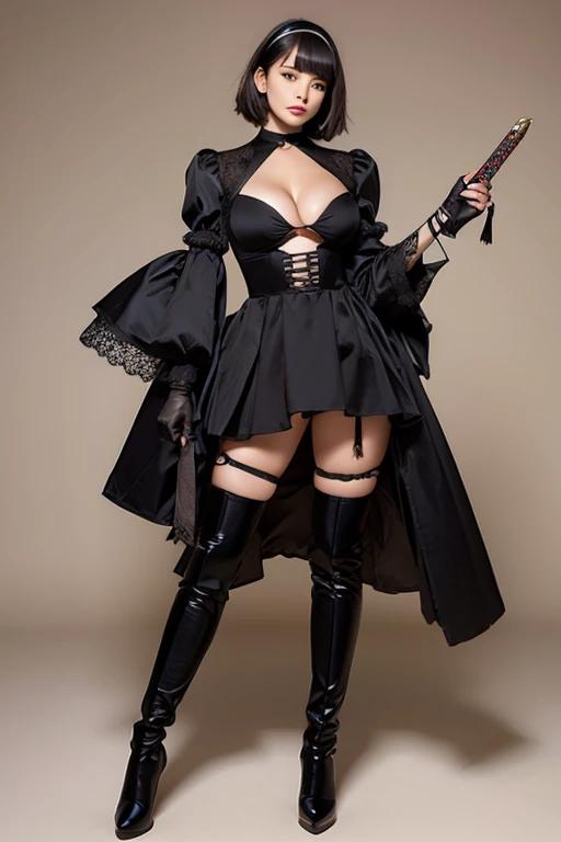 2B, 1girl, solo, short hair, thighhighs, gloves, long sleeves, dress, holding, cleavage, medium breasts, standing, full body, weapon, white hair, hairband, boots, puffy sleeves, sword, black thighhighs, black footwear, holding weapon, mole, black dress, high heels, leotard, clothing cutout, thigh boots, holding sword, cleavage cutout, katana, black hairband, juliet sleeves, mole under mouth, facing viewer, high heel boots, blindfold, covered eyes, black blindfold, feather-trimmed sleeves, masterpiece,