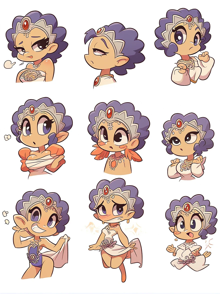 Cute and humorous Q version Chinese girl,big eyes,sticker,6 different facial expressions,expression board,Various poses and expressions,Anthropomorphic style,Ancient and classic style,Showing a variety of emotions,Cartoon illustration,Vector illustration, (Nine Palace Grid Layout: 1.5),(White background:1.5),Clear outline,Perfect details,Clear boundaries,No crossover