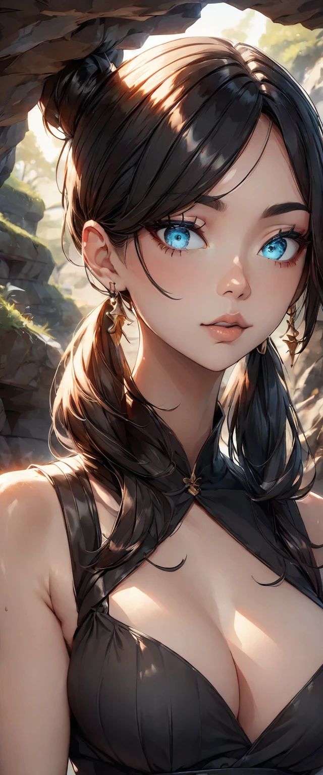 Photo of a woman with natural skin, Seaside cave, The light is shining in, Upper Body, High Twintails, Black hair with red mesh, Sharp eyes with red eyeshadow, Blue-green eyes, Shining eyes, A thin, upturned nose, Well-shaped lips, Big Breasts, ((Black off-the-shoulder dress, Thin shoulder straps)), barefoot, Makeup, Exquisitely crafted with the utmost attention to detail, Vibrant, amazing, Smooth, Cinematic, 4K, Backlight, (()), Shallow depth of field, ((Detailed eyes:1.3, Detailed lips:1.3, high quality, )), masterpiece, Super detailed images, High quality