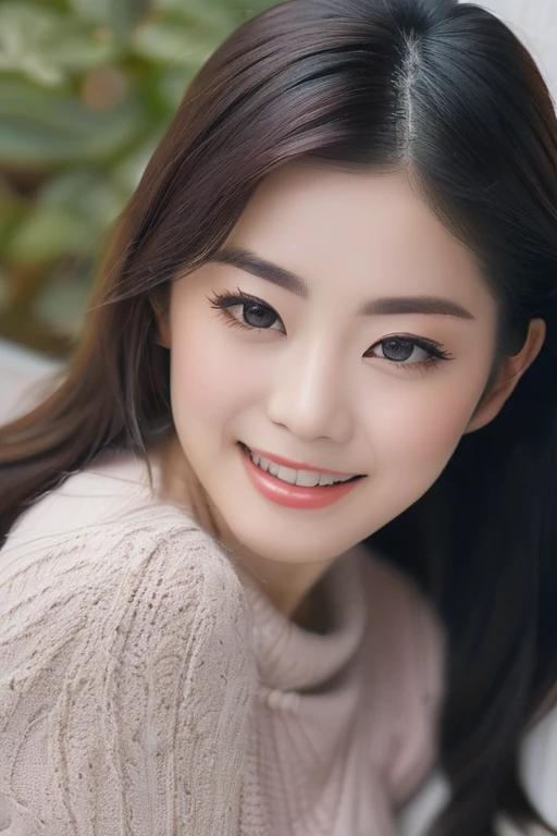 40 years old, Japanese women photos, Black Hair, Very elegant, wearing a knitted dress, Perfect rare face, Highly detailed skin), Skin Texture, White skin, Glossy Perfect Eyes, Realistic, Film Grain, Put one foot in front of the other、Looking up from below、Looking at the camera、Accentuate your shoulders, Focus on the face、stockings、Glasses、Laugh with the corners of your mouth turned up, Calm colors, Calm, warm colors,