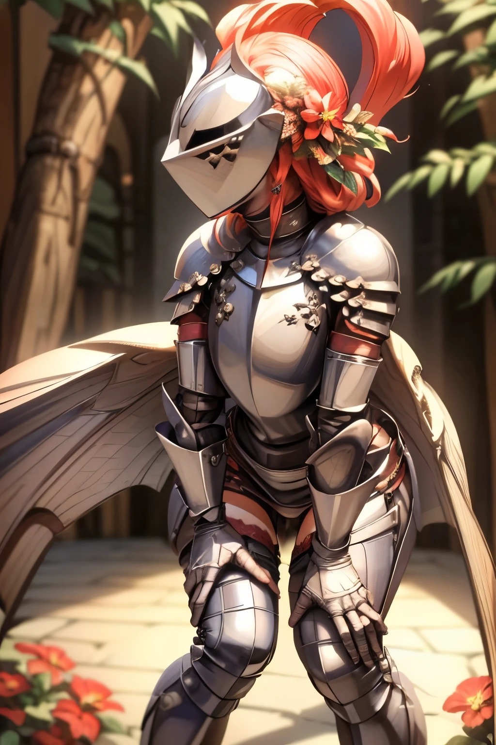 masterpiece, best quality, butterfly wings, full body, (leaning forward, hands on knees), kardiaofrhodes, helmet, plume, gauntlets, thighhighs, breastplate, thighhighs, wide hips, (flowers background:1.2)