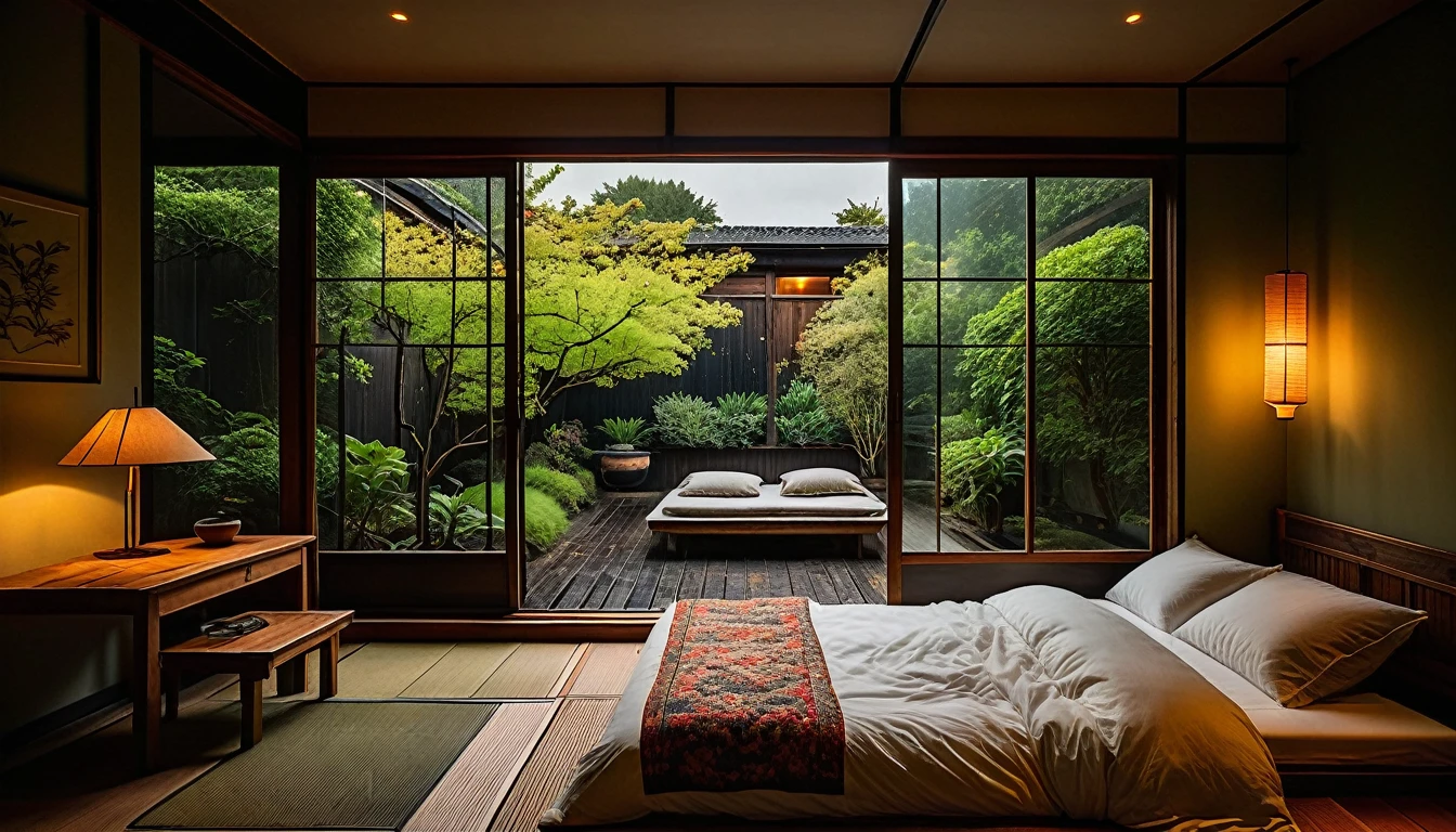 The picture shows a cozy bedroom with large windows offering views of the beautiful, dimly lit garden AND FLOWER-soaked gardens. CINEMATIC, gloomy, cloudy atmosphere outside JAPANESE HOUSE, This room has tatami floors, shoji doors and minimalist wooden furniture. . The bed was unmade with crumpled sheets, indicating only sleep in peace. looks dim, gloomy. Beside the bed there is a small table with a classic lamp burning which radiates warm light into the room. Outside the window, lush green plants can be seen on the terrace or balcony area, rain is falling, the lamp on the left provides warm lighting, creating a calm and peaceful atmosphere. with mist partially obscuring the landscape in the distance. The contrast between the warmth indoors and the rain outdoors creates an inviting and calming atmosphere