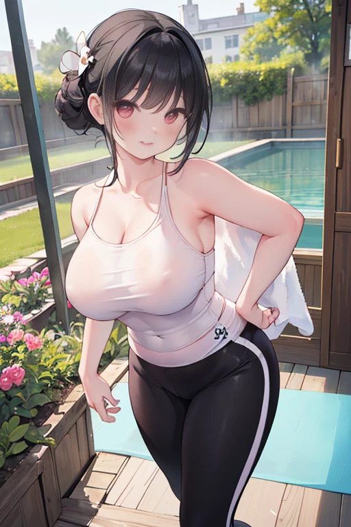 masterpiece、1 female student、(((Missing arm,Bare arms,Towel wrap)))White cloth bun、Shoulder leakage、chubby、Smile、(((Lace、black yoga pants)))pale pink lips、posing at school,(Soaked),legs are open, 独奏, looking at the audience, (Thick thighs:1.0),Red eyes, Blushed,blunt hair,flower headdress,lawn,hands on hips,creek,black hair,Smile with teeth showing,short hair,garden,(((Side milk is visible,))),(((Chest visible from the side,Big breasts,Showing side chest,Exposed side chest))),clear and bright eyes,((((stand at attention,From the front)))),