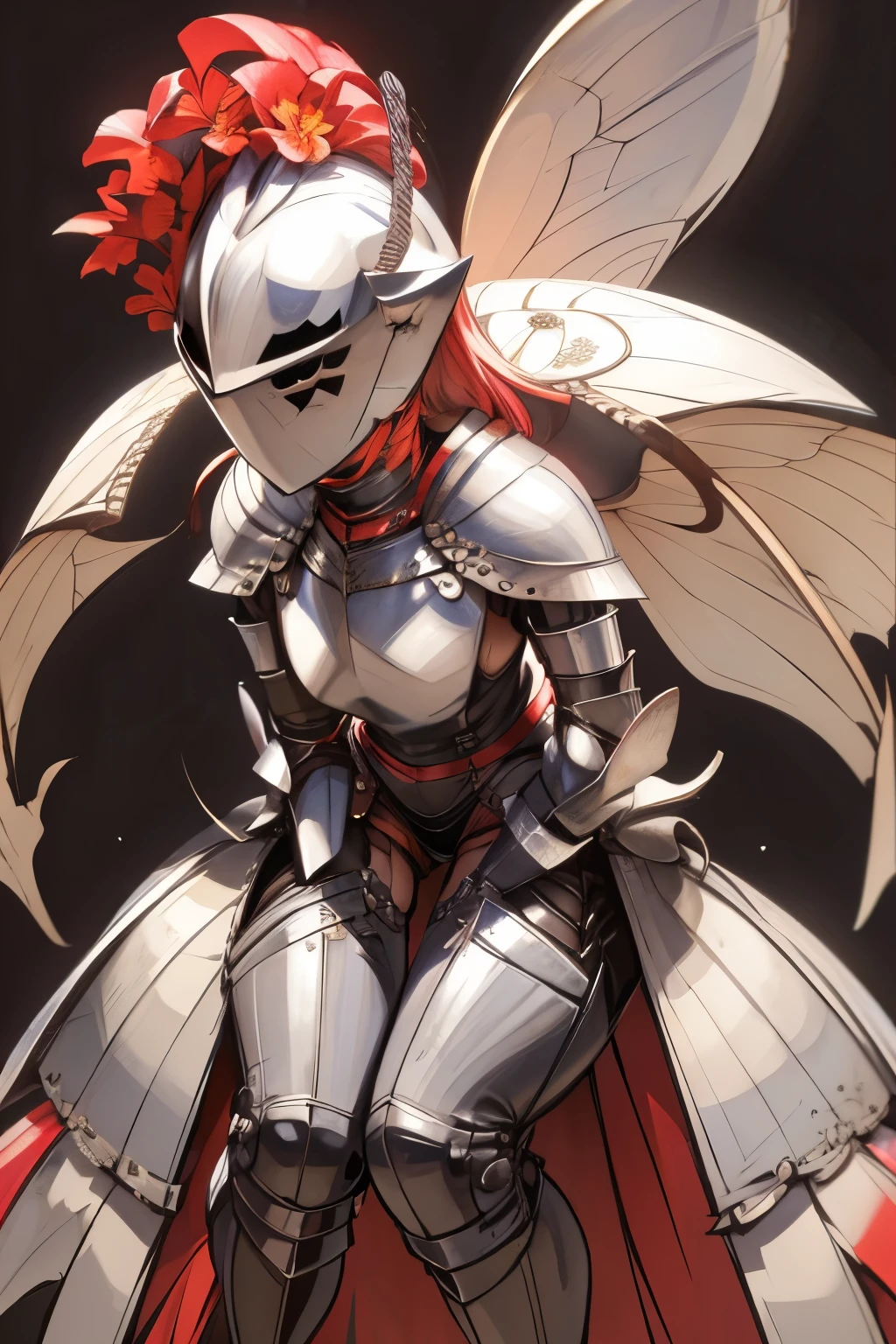 masterpiece, best quality, butterfly wings, full body, (leaning forward, hands on knees), kardiaofrhodes, helmet, plume, gauntlets, thighhighs, breastplate, thighhighs, wide hips, (flowers background:1.2)