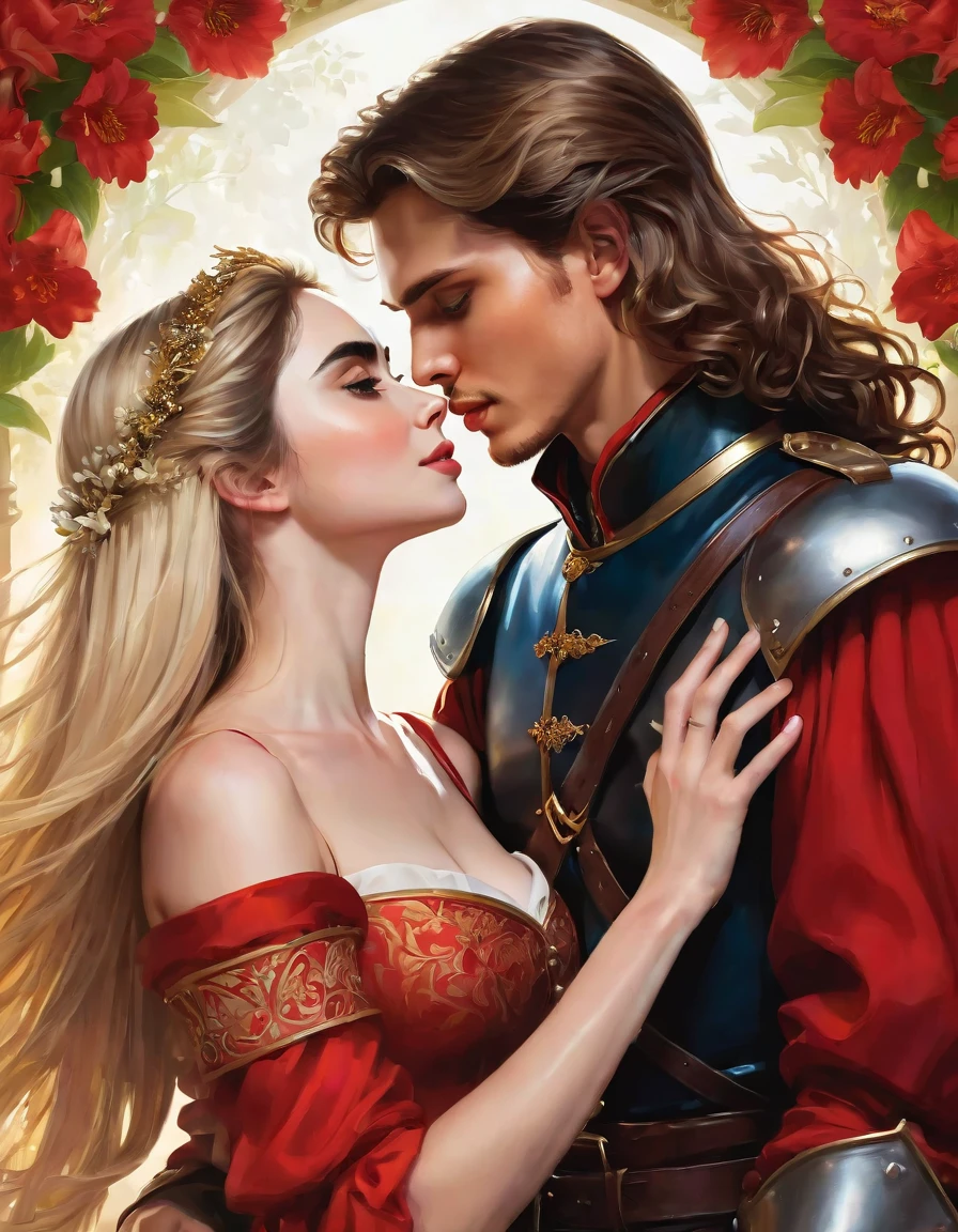 Two person 1 Neels Visser is a prince who has golden blond hair, wears a medieval military outfit and is in love with the commoner 2 Lily Collins, who has curly black hair and wears a red dress, the two kiss very affectionately, illustration of a romance book cover with a detailed, smooth, bright background filled with flowers, art by Greg Hildebrandt, Citemer Liu, Stjepan Sejic, Samyang, Aykut Aydogdu, Justin Gerard, Alphonse Mucha, Artgerm, WLOP, and Greg Rutkowski