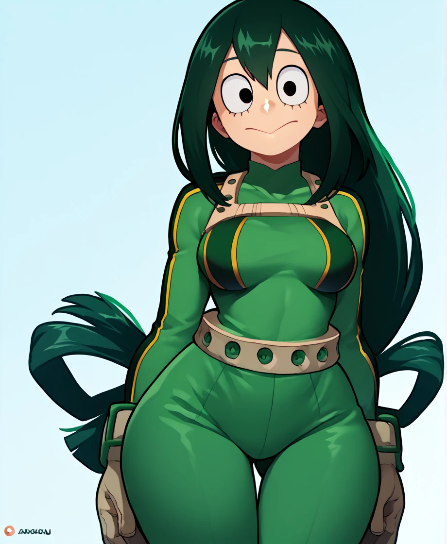 score_9_up, score_8_up, score_7_up, cowboy shot, 1girl, Asui Tsuyu\(boku no hero academia\), green hair, very long hair, low-tied long hair, tied hair, black eyes, wide hips, medium breasts, smiling, 
, source_anime, anime style