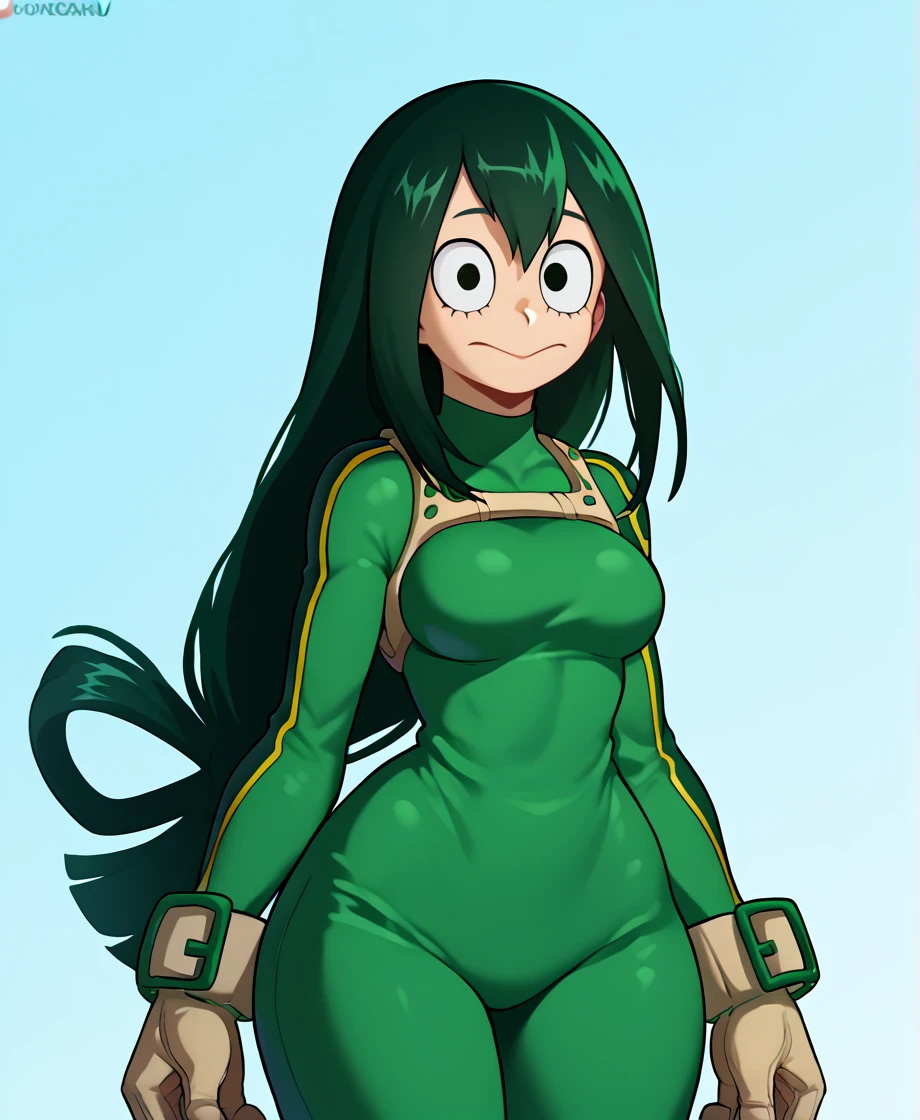 score_9_up, score_8_up, score_7_up, cowboy shot, 1girl, Asui Tsuyu\(boku no hero academia\), green hair, very long hair, low-tied long hair, tied hair, black eyes, wide hips, medium breasts, smiling, 
, source_anime, anime style