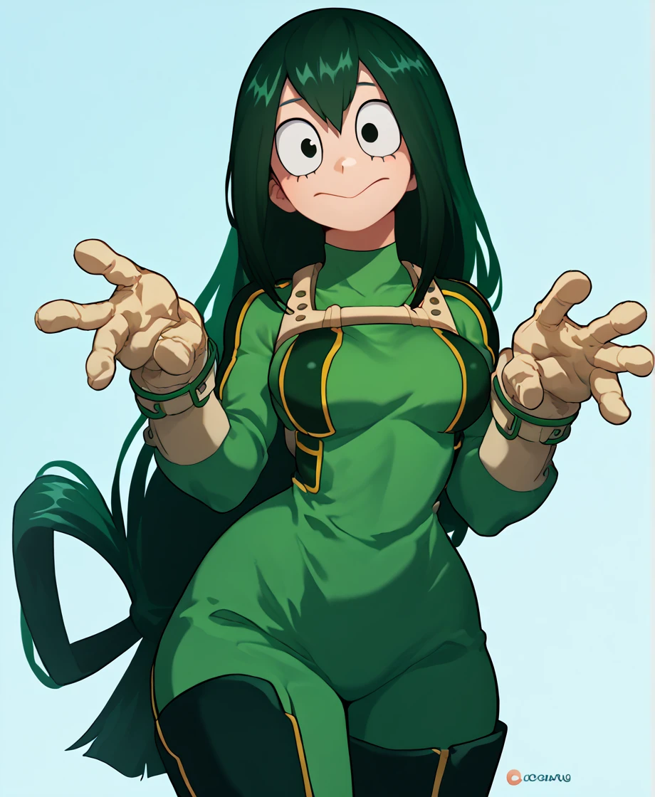 score_9_up, score_8_up, score_7_up, cowboy shot, 1girl, Asui Tsuyu\(boku no hero academia\), green hair, very long hair, low-tied long hair, tied hair, black eyes, wide hips, medium breasts, smiling, 
, source_anime, anime style