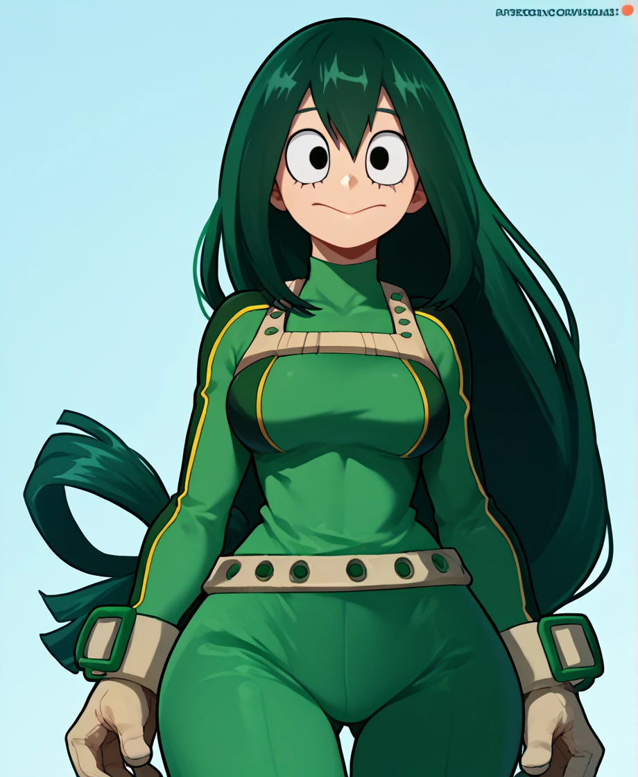 score_9_up, score_8_up, score_7_up, cowboy shot, 1girl, Asui Tsuyu\(boku no hero academia\), green hair, very long hair, low-tied long hair, tied hair, black eyes, wide hips, medium breasts, smiling, 
, source_anime, anime style