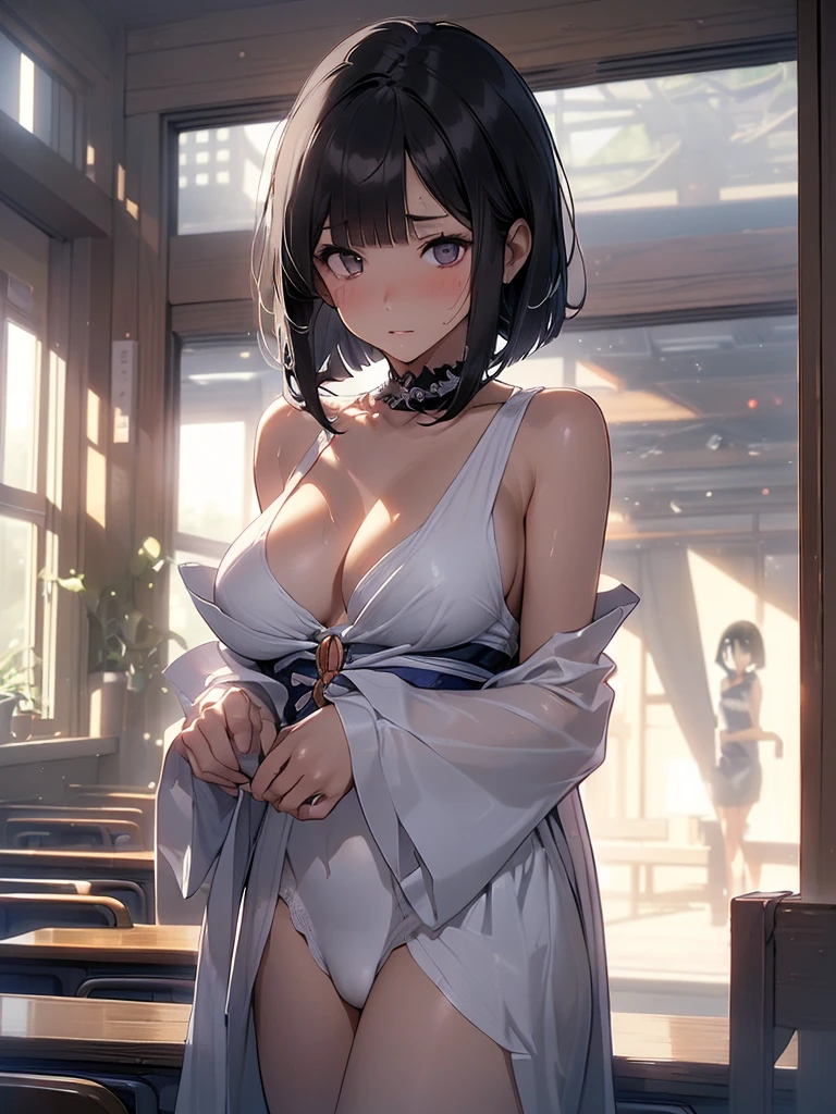 ((black hair medium straight、Black hair medium bob))、独奏、NSFW、(Big Tits、Big Breasts)、(Sleeveless white dress、Sexy one piece、Semi-transparent lace dress)、((black hair medium straight、Black hair medium bob))、(tall、Toned body、slim body、Brown Skin、Sunburn、Big Breasts)、(Slanted Eyes、Dark Eyes)、(Sexy look、Erotic look、Estrus、Lust)、School、Bright classroom、Female teacher, 23 years old、Rumiko Honjo、((masterpiece))、((Highest quality))、((detailed)、((Adult female))、photograph、美しくdetailedな顔、detailedな目、