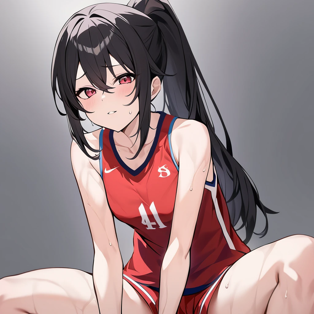 ((Highest quality)), ((masterpiece)), (detailed), ,slender. ((Rin々Beautiful female basketball player)) small breasts Black Hair Long-haired ponytail ((A loose red sleeveless uniform)) Red shorts Thin legs Sit with your legs apart stretch Leg spread clavicle Leaning forward Open chest gym Sweat Groin