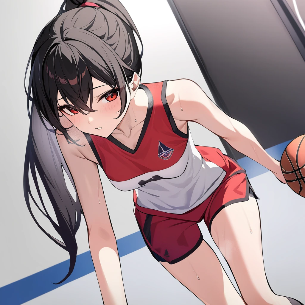 ((Highest quality)), ((masterpiece)), (detailed), ,slender. ((座ってLeg spreadstretchをする凛々Beautiful female basketball player))　small breasts　Black Hair　Long-haired ponytail　((A loose red sleeveless uniform))　Red shorts　　sit　stretch　Leg spread　clavicle　　Leaning forward　　Open chest　gym　Sweat　Groin