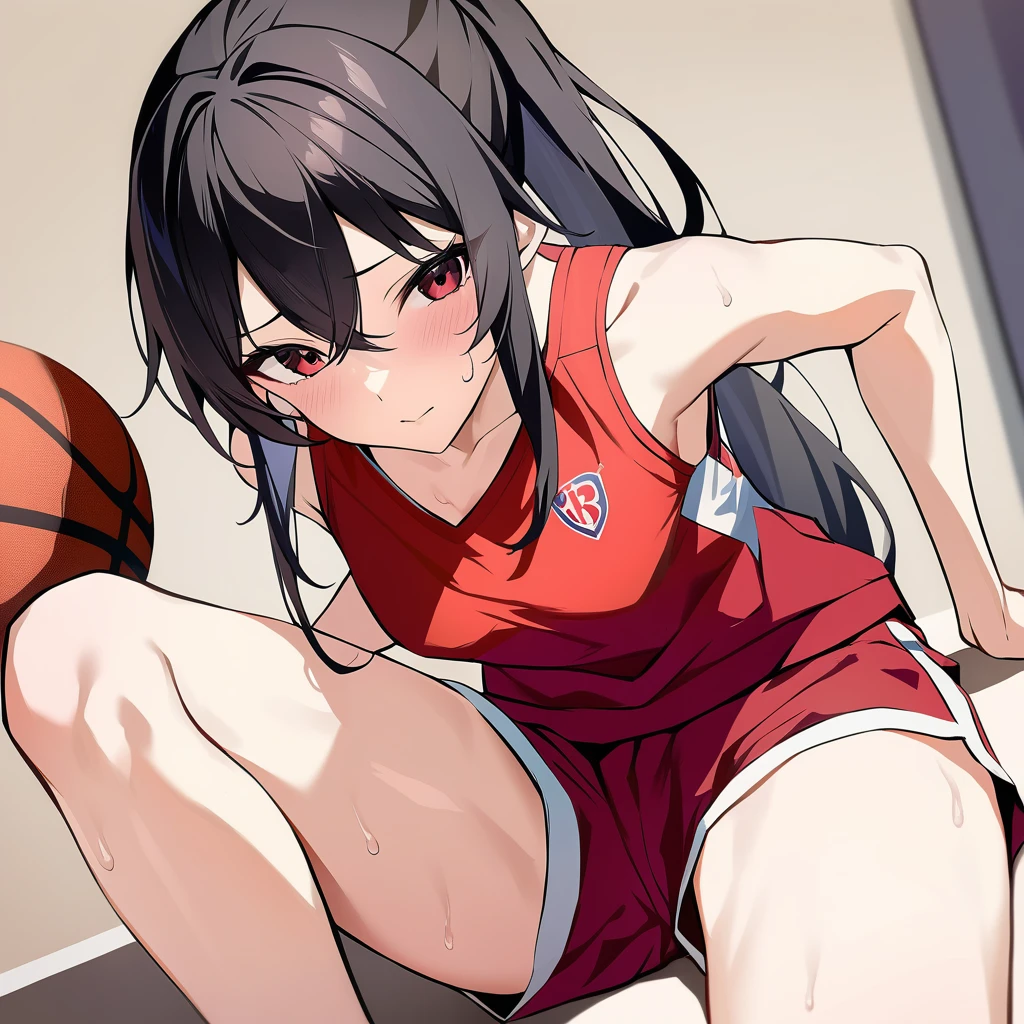 ((Highest quality)), ((masterpiece)), (detailed), ,slender. ((Rin々Beautiful female basketball player))　small breasts　Black Hair　Long-haired ponytail　((A loose red sleeveless uniform))　Red shorts　Thin legs　Sit with your legs apart　stretch　Leg spread　clavicle　　Leaning forward　　Open chest　gym　Sweat　Groin