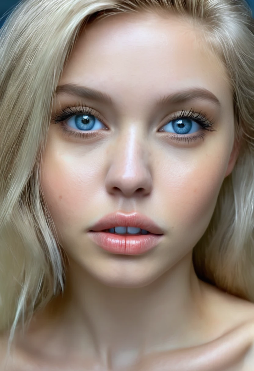 Beautiful naked girl, beautiful blue eyes, No panties